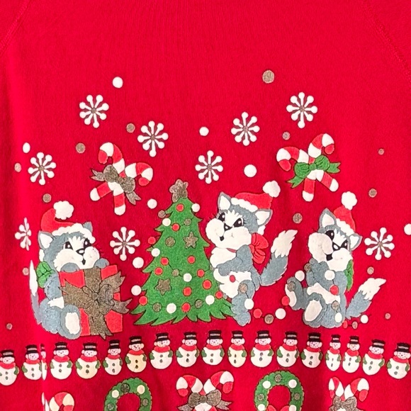 Vintage 90s Hanes Women’s Christmas Cats Sweatshirt Red Cottagecore Size 4X - Picture 3 of 7